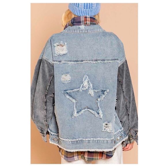DENIM Distressed Jacket with Corduroy Sleeves Oversized Fit - Picture 7 of 16